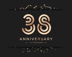 Design in stile logotipo di celebrazione dell'anniversario di 38 anni. il saluto di buon anniversario celebra l'evento con linea multipla dorata e coriandoli isolati su sfondo scuro illustrazione di design vettore