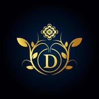elegante logo di lusso d. logo alfabeto floreale dorato con foglie di fiori. perfetto per moda, gioielli, salone di bellezza, cosmetici, spa, boutique, matrimoni, francobolli per lettere, logo di hotel e ristoranti. vettore