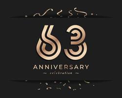 Design in stile logotipo di celebrazione dell'anniversario di 63 anni. il saluto di buon anniversario celebra l'evento con linea multipla dorata e coriandoli isolati su sfondo scuro illustrazione di design vettore