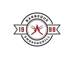 distintivo etichetta vintage retrò classico per barbecue barbecue barbecue con forchetta incrociata e ispirazione per il design del logo della fiamma del fuoco vettore