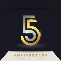 Celebrazione dell'anniversario di 5 anni con linee multiple collegate di colore dorato e argento per eventi celebrativi, matrimoni, biglietti di auguri e inviti isolati su sfondo scuro vettore