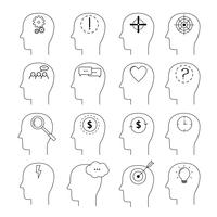 Set di icone di attività del cervello, stile di linea sottile, design piatto