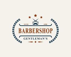 logo del negozio di barbiere distintivo retrò vintage con simbolo di forbici per simbolo di design emblema taglio capelli gentiluomo vettore