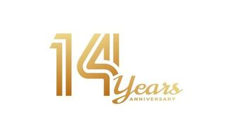 Celebrazione dell'anniversario di 14 anni con colore dorato della grafia per eventi celebrativi, matrimoni, biglietti di auguri e inviti isolati su sfondo bianco vettore