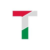 ritaglio di carta della lettera iniziale t con modello di progettazione del logo a colori della bandiera italiana vettore