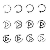 set di pulsanti di riproduzione o ricarica icona con vettore di stile doodle disegnato a mano isolato su bianco