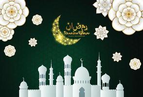 banner ramadan kareem con falce di luna dorata metallica 3d, fiori arabeschi astratti tagliati su carta e calligrafia araba scritta a mano. traduzione ramadan kareem. vettore. vettore