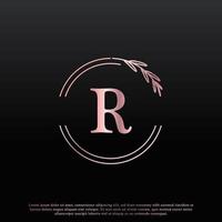 elegante logo floreale cerchio lettera r con linea di diramazione monogramma foglia elegante creativa e colore nero rosa. utilizzabile per loghi aziendali, moda, cosmetici, spa, scienza, medicina e natura. vettore