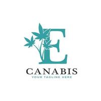 lettera e verde canabis logo alfabeto con foglia di marijuana medica. utilizzabile per loghi aziendali, scientifici, sanitari, medici e naturali. vettore