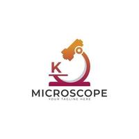 logo del laboratorio. elemento del modello di progettazione del logo del microscopio lettera iniziale k. vettore
