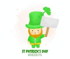 leprechaun del personaggio dei cartoni animati di giorno di san patrizio che tiene il segno in bianco nello stile dell'acquerello vettore