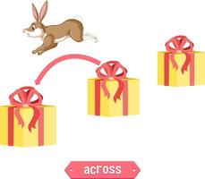 preposizione wordcard design con coniglio e scatole vettore