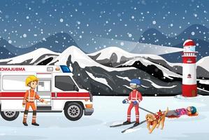 scena di neve con salvataggio dei vigili del fuoco in stile cartone animato vettore