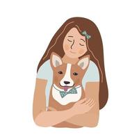 la ragazza abbraccia il cucciolo di corgi. carta amante degli animali domestici. disegno vettoriale dei cartoni animati.