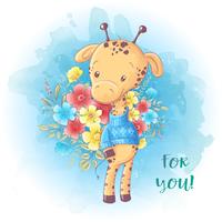 Cartone animato Carino giraffa con un mazzo di fiori. Biglietto d&#39;auguri. Illustrazione vettoriale