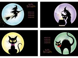 Set di quattro modelli di carta Happy Halloween con streghe e gatti neri. vettore