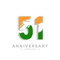 Celebrazione dell'anniversario di 51 anni con una barra bianca a pennello in giallo zafferano e verde bandiera indiana. il saluto di buon anniversario celebra l'evento isolato su priorità bassa bianca vettore