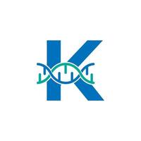 elemento del modello di progettazione del logo dell'icona del DNA genetico della lettera iniziale k. illustrazione biologica vettore