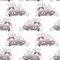 Gatti kawaii disegnati senza cuciture e modello di auto rosa. vettore