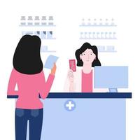 illustrazione della farmacia con il farmacista e una ragazza con prescrizione medica