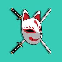maschera giapponese kitsune con spada katana, illustrazione vettoriale eps.10