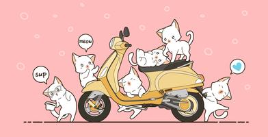 6 simpatici gatti e moto gialla in stile cartone animato. vettore