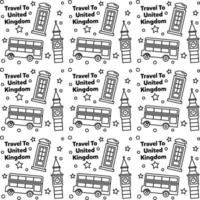 viaggio nel regno unito doodle seamless pattern vector design. bus, mappa e bandiera sono icone identiche al regno unito