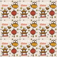 viaggio in cina doodle seamless pattern vector design. lanterna, panda e noodle sono un'icona identica alla porcellana.