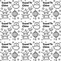 viaggio in cina doodle seamless pattern vector design. lanterna, panda e noodle sono un'icona identica alla porcellana.