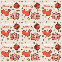 viaggio in cina doodle seamless pattern vector design. lanterna, panda e noodle sono un'icona identica alla porcellana.