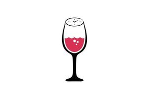 logo del bicchiere di vino. concetto di tempo del vino con orologio su sfondo nero vettore