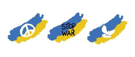 un set di adesivi con la bandiera dell'ucraina con la colomba della pace, con la scritta stop war, con il segno della pace nel mondo vettore
