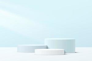 podio con piedistallo cilindrico astratto 3d bianco e blu con scena a parete minima blu pastello per la presentazione di prodotti cosmetici. progettazione della piattaforma di rendering geometrico vettoriale. illustrazione vettoriale