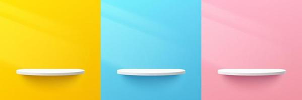 set di mensola semicircolare bianca astratta 3d o podio a piedistallo su scena di parete color pastello giallo, blu, rosa con illuminazione. forma geometrica di rendering vettoriale per la presentazione del prodotto.