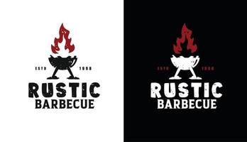 griglia per barbecue rustica vintage retrò con fuoco, vettore di design del logo dell'etichetta del barbecue