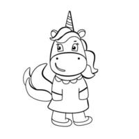 divertente libro da colorare di unicorno. simpatico personaggio pony cartone animato in stile bianco e nero. per cartoline, poster, illustrazioni di libri. illustrazione vettoriale in stile doodle.