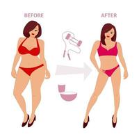 una donna che è stata in grado di perdere peso. prima e dopo. il concetto di positività corporea e dieta. vettore