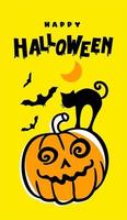 Halloween. un poster per la celebrazione di halloween con fantasmi, zucche, un gatto nero e pipistrelli su sfondo arancione. per l'uso in web design, cartoline, poster, stampa. illustrazione vettoriale. vettore