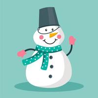 il pupazzo di neve è divertente, in guanti e una sciarpa con un secchio in testa. illustrazione vettoriale in uno stile piatto. il concetto di natale e capodanno.