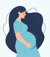 gravidanza. un poster moderno con una donna incinta carina con i capelli lunghi e un posto per il testo. vettore