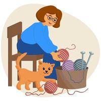 illustrazione maglia, una donna con gli occhiali ordina gomitoli di lana in un cesto e un gatto zenzero che gioca con un gomitolo di lana. stampa, manifesto vettore