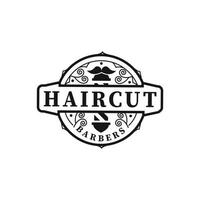 logo taglio di capelli stemma vintage, logo design barbiere logo design vettoriale, servizio di rasatura barba. modello di logo del salone virile. vettore