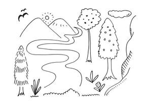 schizzo di montagne disegnate a mano con foresta, strada, sole, erba, uccelli e nuvole. illustrazione vettoriale. vettore