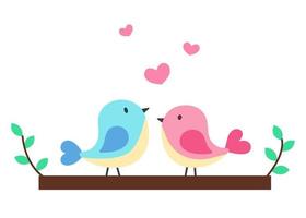 due uccelli sul ramo di un albero. illustrazione carina in stile piatto cartone animato. concetto di primavera, amore e san valentino. stampa per carte, vestiti, tessuti, design e arredamento vettore