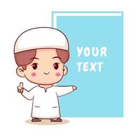 carino ragazzo musulmano con testo slogan personaggio dei cartoni animati vettore