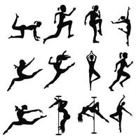 donna atleta in palestra. figura di vettore della ragazza di balletto isolata su fondo bianco. illustrazione nera della siluetta della donna di ginnastica. ginnastica ritmica vettore silhouette grande gruppo.