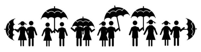 uomo e donna con set di icone ombrello, maschio e femmina sotto la pioggia in diverse pose vettore