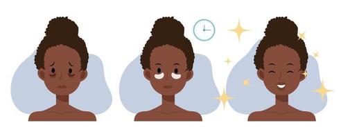 concetto di cura della pelle. La donna afroamericana sta usando la crema sotto gli occhi per rimuovere i cerchi sotto gli occhi. prima e dopo l'uso dell'illustrazione del personaggio dei cartoni animati di vettore cream.flat.