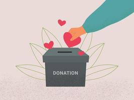 casella di donazione e concetto di amore. mano umana che mette i cuori rossi nella scatola delle donazioni vettore