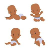 baby sitter in quattro diverse pose, set di neonato scuro in pannolino con diverse emozioni e in diverse pose vettore isolato su sfondo trasparente